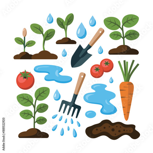Gardening tools and vegetables with water droplets