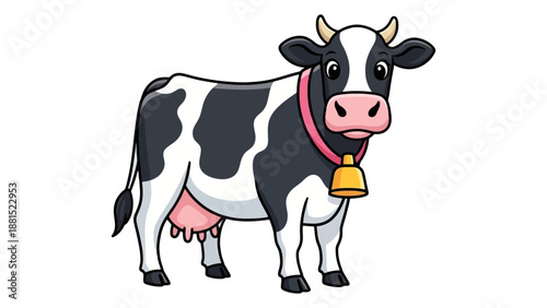 A cartoon illustration of a black and white cow with a pink collar and a golden bell around its neck.