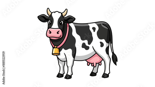 A cartoon illustration of a black and white cow with a pink collar and a bell around its neck.