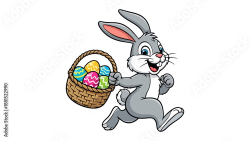 A cartoon Easter bunny with a basket full of colorful eggs is running.