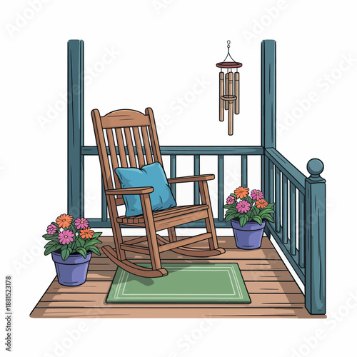 Cozy porch with rocking chair and potted plants