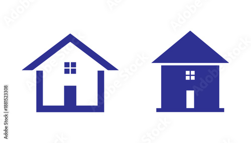Two contrasting dark blue house icons representing home ownership options isolated on a clean white background for design.