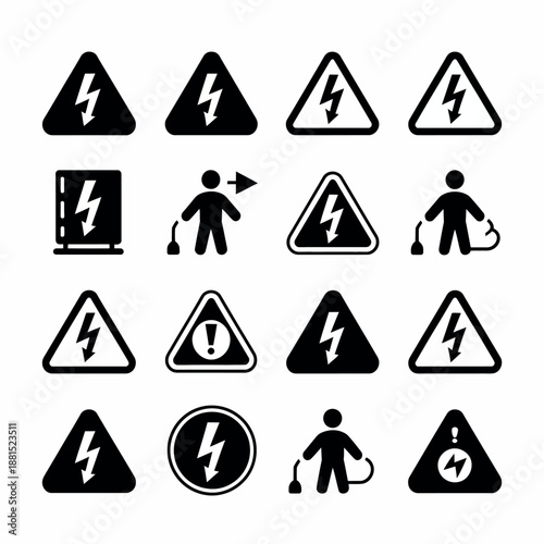Collection of electrical shock warning signs and symbols