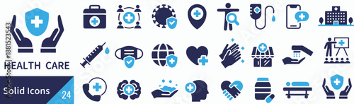 Health care and medical treatment solid icon set vector
