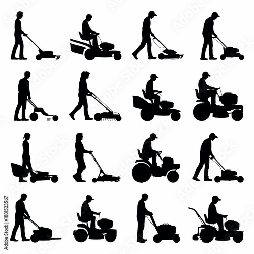 Man mowing lawn with different types of lawn mowers