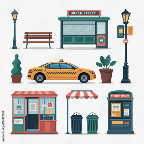 Urban street scene with taxi and ticket booth