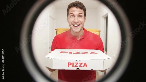 Delivery man smiling while holding pizza box at front door