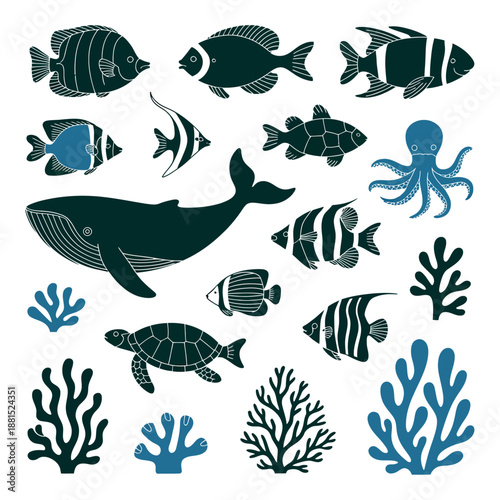 Underwater life with whale and other sea creatures