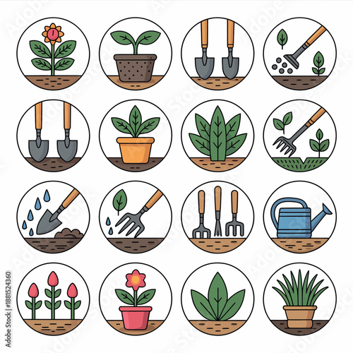 Gardening tools and plants icons set for web and app