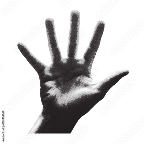 A black and white image of a Halftone left hand with fingers spread apart