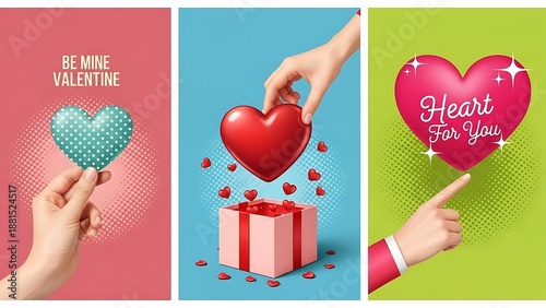Collection of three vibrant valentine graphics featuring hands offering hearts and gifts
