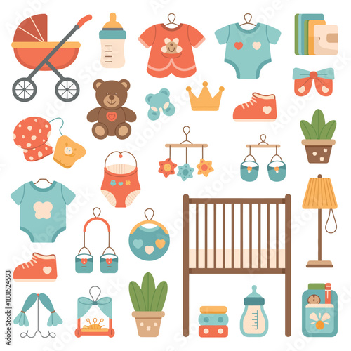 Collection of baby clothes and nursery essentials for newborn