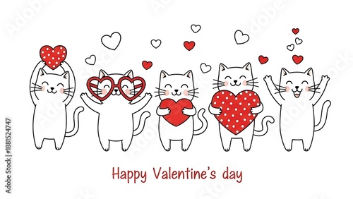 Five happy white cartoon cats celebrating love with hearts for valentine day