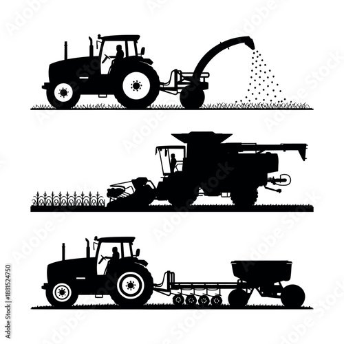 Agricultural machinery silhouettes for farming activities