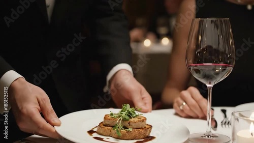 Elegant waiter serving seared foie gras on plate in restaurant setting