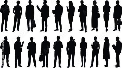   
Standing silhouette, human posture, people icon, casual formal, gesture pose, mobile device, bag accessory, black figure, social chart, character reference