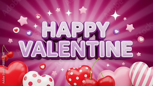 Vibrant 3d rendering of happy valentine text surrounded by hearts and cherries
