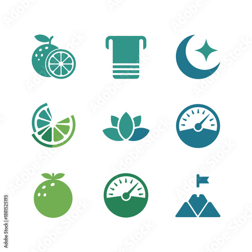 Collection of wellness and fitness icons in blue and green