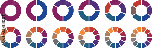 Multi colored circular donut charts with varying segment counts for infographics