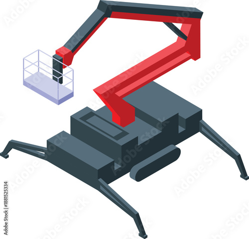 Spider lift crane with empty bucket extended, isolated on white background in isometric projection