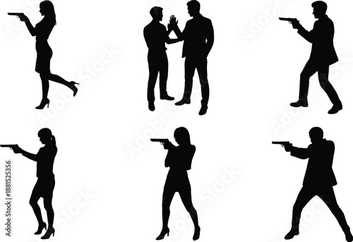Action movie character silhouette set isolated on white background men women aiming handgun spy crime scene black vector illustration