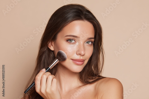 Portrait of a young beautiful woman with long hair applying face powder with a professional makeup brush