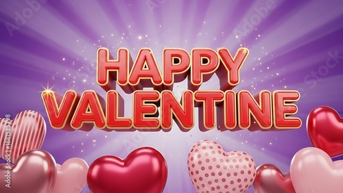 Festive 3d rendering of happy valentine text surrounded by glossy hearts on purple