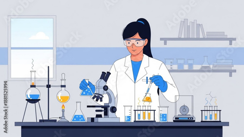 Scientist working in a laboratory with microscope and test tubes illustration for research and development science experiment concept
