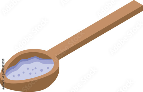 Wooden spoon containing purple washing powder, ideal for representing laundry, cleaning or hygiene