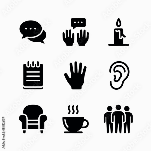 Collection of simple black icons representing communication and social interaction