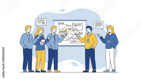 Teamwork meeting presentation, business strategy planning, agile scrum method