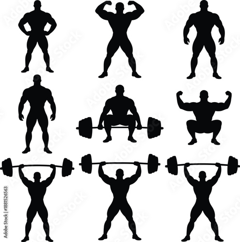 Bodybuilder silhouette, weightlifting poses, muscular figure, strength training, gym workout, fitness icon, barbell lift, bodybuilding reference, power stance, physique chart