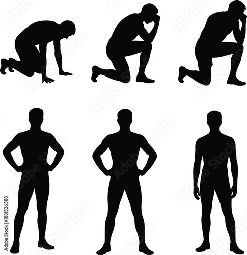 Male silhouette pose set isolated on white background men fitness body positions kneeling standing thinking muscular black vector illustration