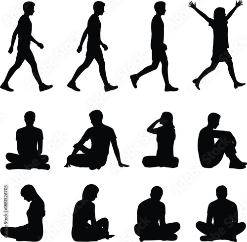 Human silhouette, walking pose, sitting figure, relaxed posture, gesture study, body language, black icon, pose chart, character reference, movement design