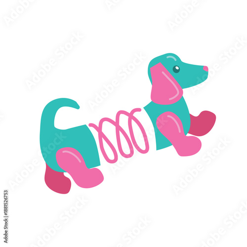 Spring Dog Toy Illustration in Flat Vector Style, Cute Retro Childhood Toy with Bright Pastel Colors