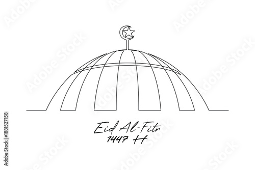 Mosque Dome View. Idul Fitri 1447 Concept. Single line draw design. Vector graphic illustration
