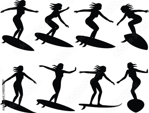 Surfer silhouette vector, eight surfing poses, dynamic surfboard stance, beach sport icon, summer wave rider clipart, motion graphic set
