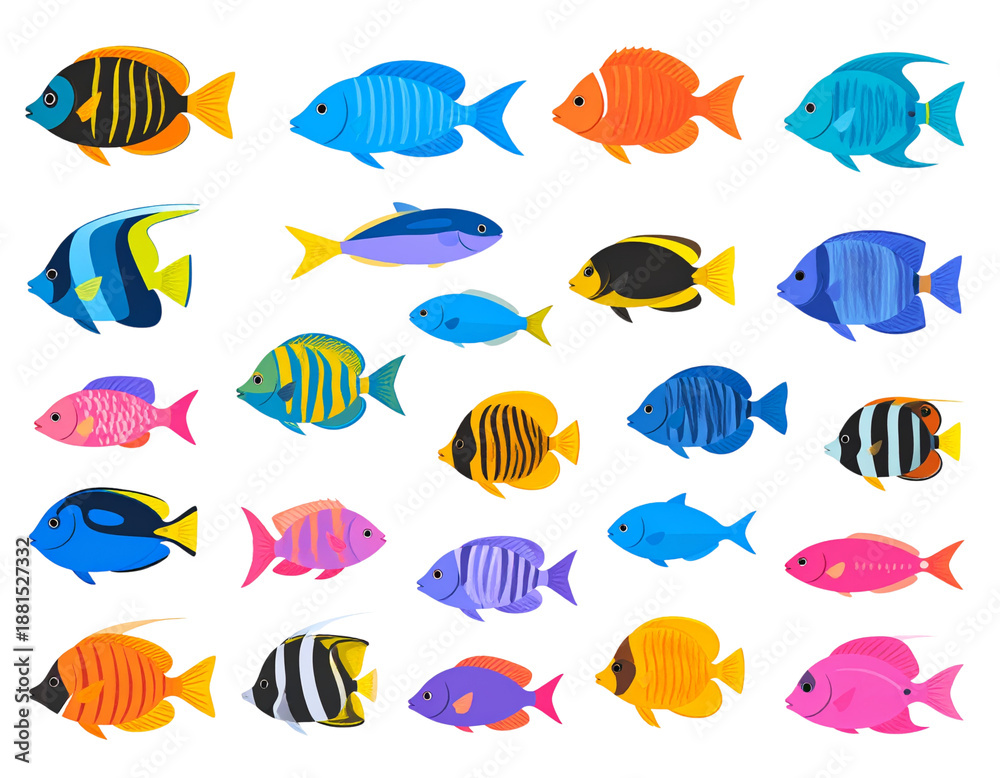 Fototapeta premium A collection of cute cartoon illustrations featuring colorful tropical fish and aquatic creatures swimming against a white background