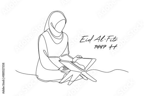 Woman Reading Quran. Idul Fitri 1447 Concept. Single line draw design. Vector graphic illustration
