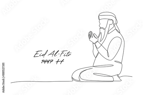 Silent Prayer Pose. Idul Fitri 1447 Concept. Single line draw design. Vector graphic illustration