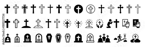 Religious cross and gravestone icon set symbolizing faith and remembrance