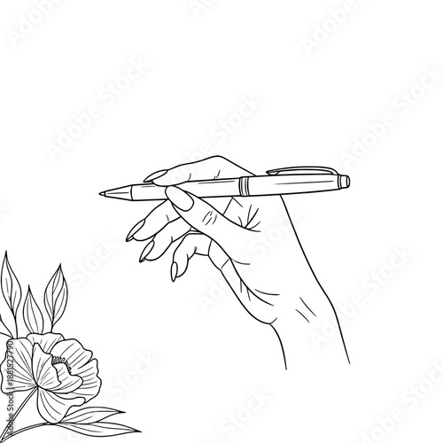 Icon of a beautiful female hand holding a ballpoint pen next to a flower, representing concepts of creativity and expression