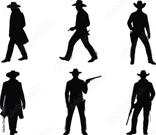 Cowboy silhouette set isolated on white background western outlaw gunslinger poses wearing hat firearm black vector illustration design