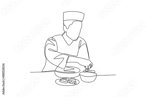 Preparing Traditional Iftar Food. Activity in Ramdhan Concept. Single line draw design. Vector graphic illustration