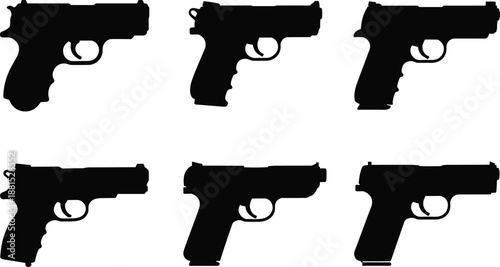 Silhouette handgun models, black vector, pistol shapes, firearm profiles, isolated icon, weapon design, tactical, gun type, side view