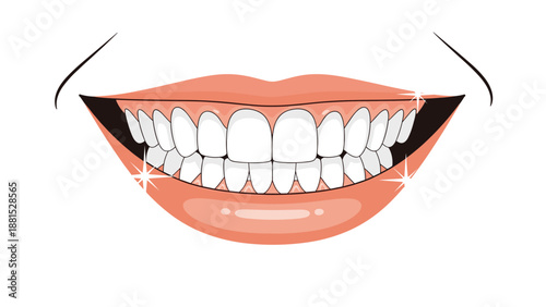 Realistic close-up illustration of a bright and healthy smile with sparkling white teeth and pink lips on a white background.