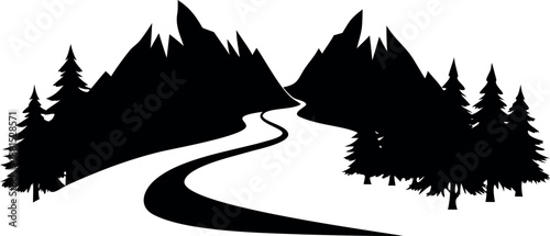 Black silhouette of road through mountains and trees