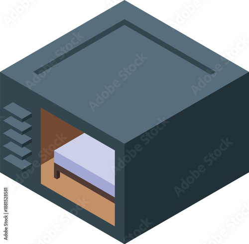 Isometric capsule hotel room providing comfortable and private sleeping space in modern building