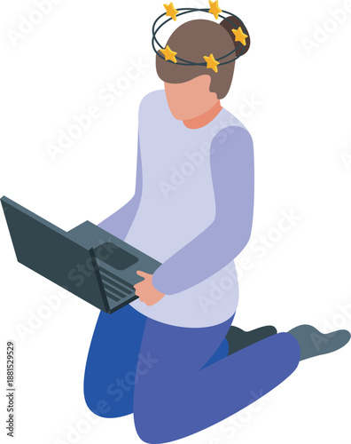 Freelancer experiencing dizziness while working on a laptop, depicted in an isometric view