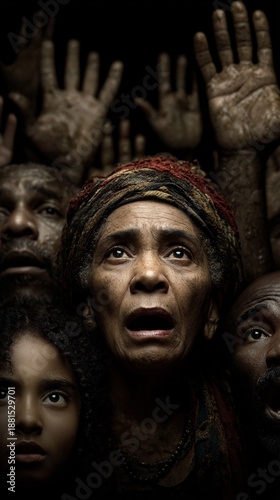 Faces of Struggle and Resilience in a Dark and Somber Scene